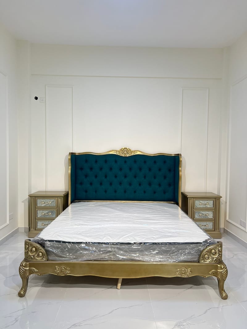 Markor French Beech Carved Upholstered Bed in Champagne Gold