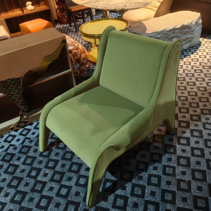 Solid Wood Frame Green Upholstered High-Back Lounge Chair