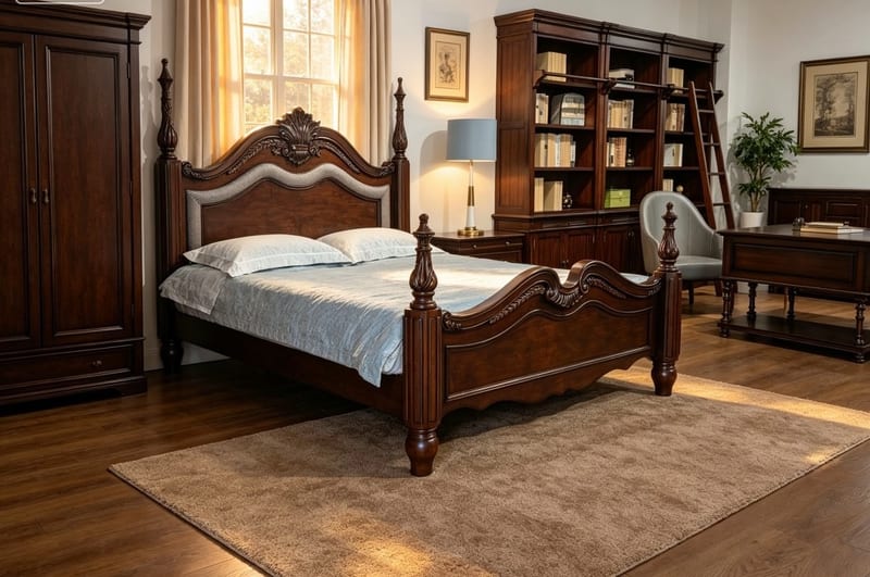 American Solid Wood Leather Poster Bed, King