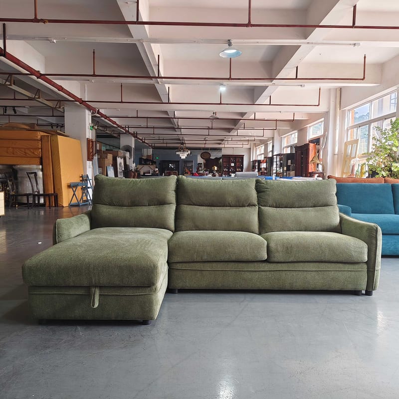 Olive Green Chenille 3-Seater Sofa Bed with Storage Chaise