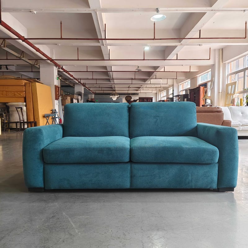 Modern Three-Seat Sofa Bed in Teal Chenille with Foam Mattress
