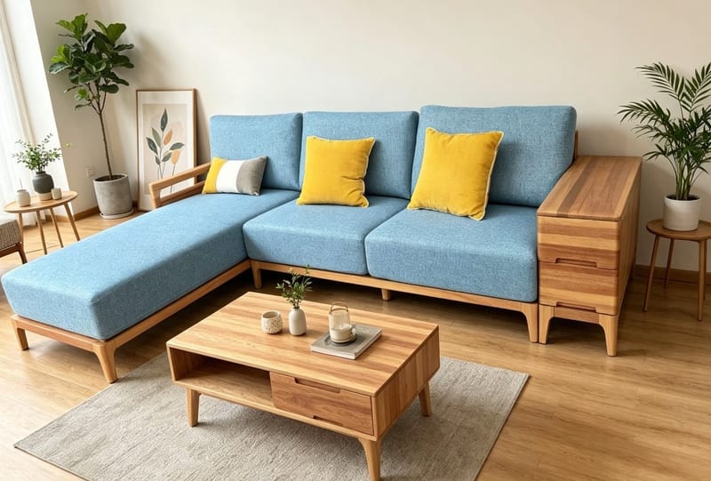 Beson S5301 Scandinavian Solid Elm Corner Sofa with Chaise