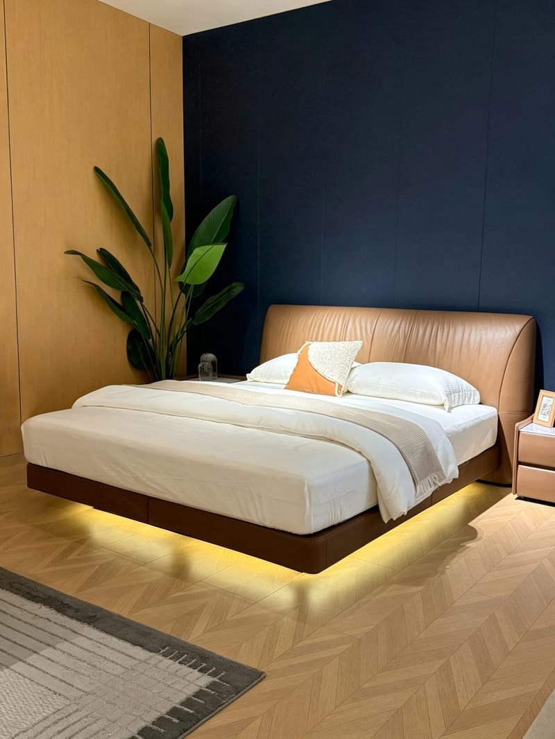 Italian Floating Leather Bed in Caramel Brown