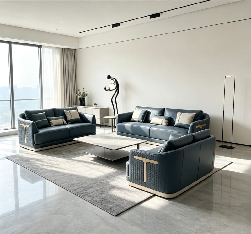 Renhao New York Trend Sapphire Blue Leather Sectional Sofa