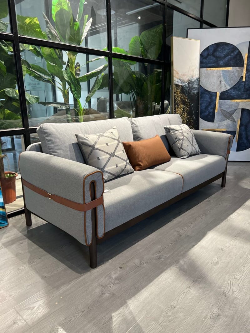 Renhao Mirror Oriental Single Sofa SF-77303A in Light Gray Linen