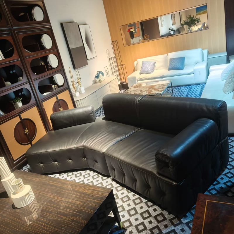 Modern Sculptural Leather Sofa with Birch Frame