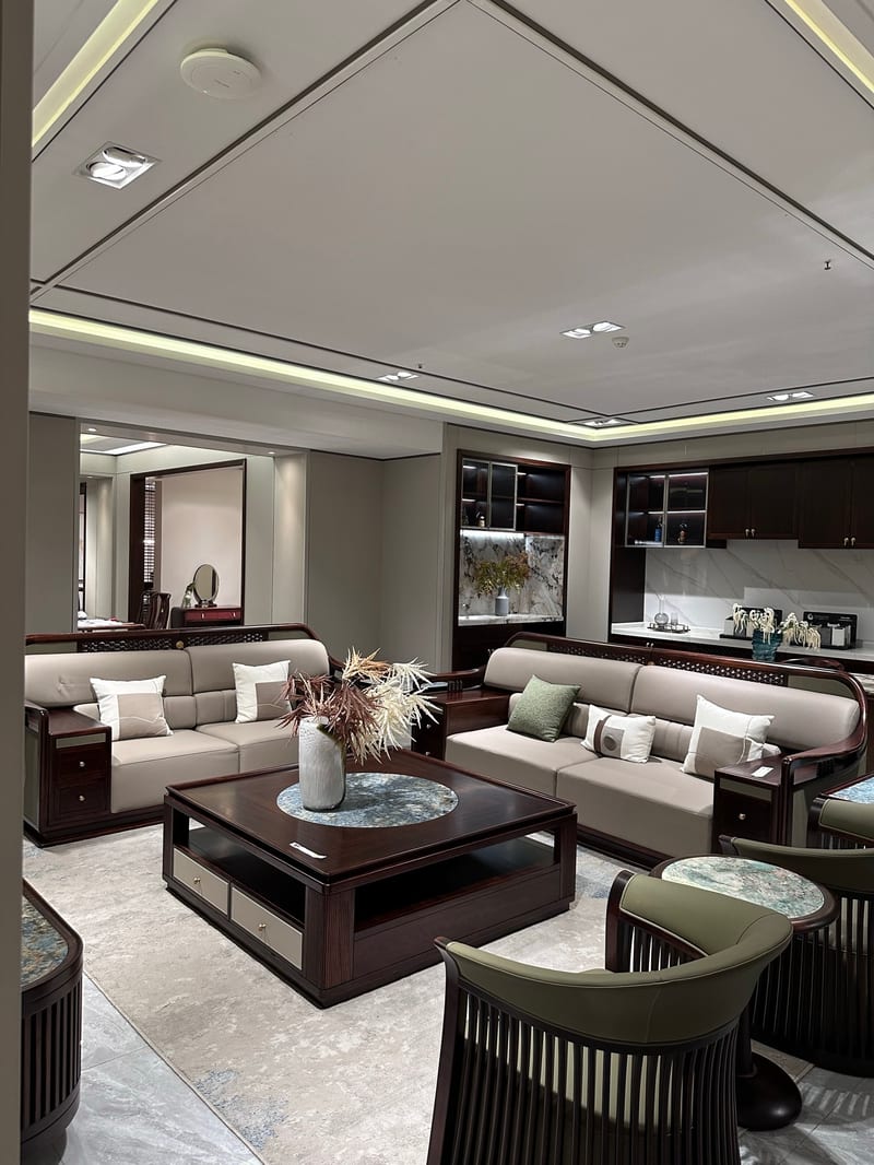 Zhongge Mingyun H8S820 New Chinese Wood & Leather Sectional Sofa