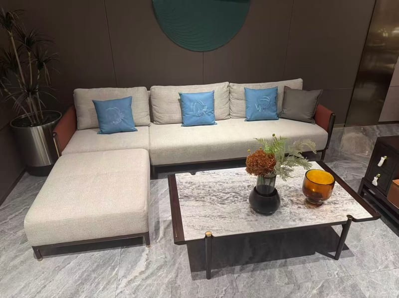 Baojule Wujinmu Wood Straight Sofa with Ottoman, Beige