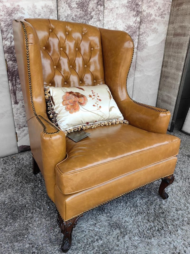 Vintage Camel Leather Wingback Accent Chair