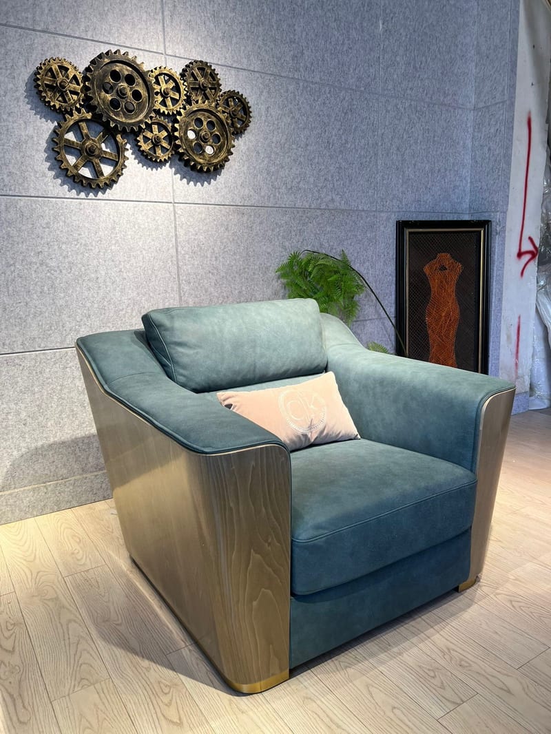 CK 912 Teal Leather and Walnut Veneer Armchair
