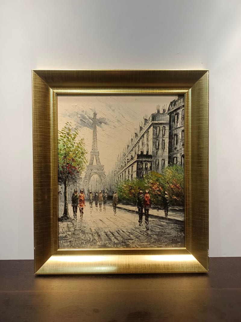 Hand-Painted Paris Street Scene Oil Painting with Gilded Solid Wood Frame