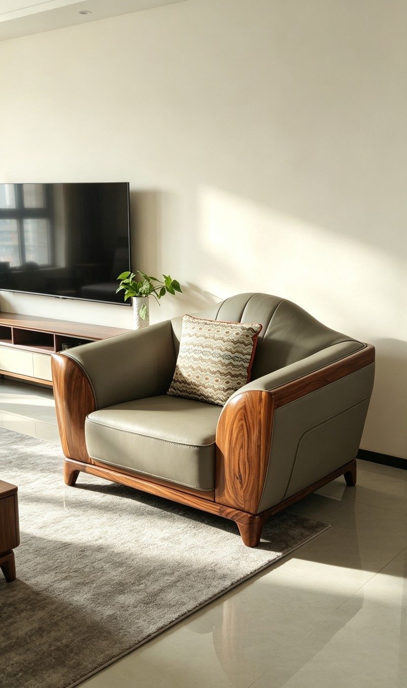 Wujin Wood Single-Seat Sofa with Top-Grain Leather