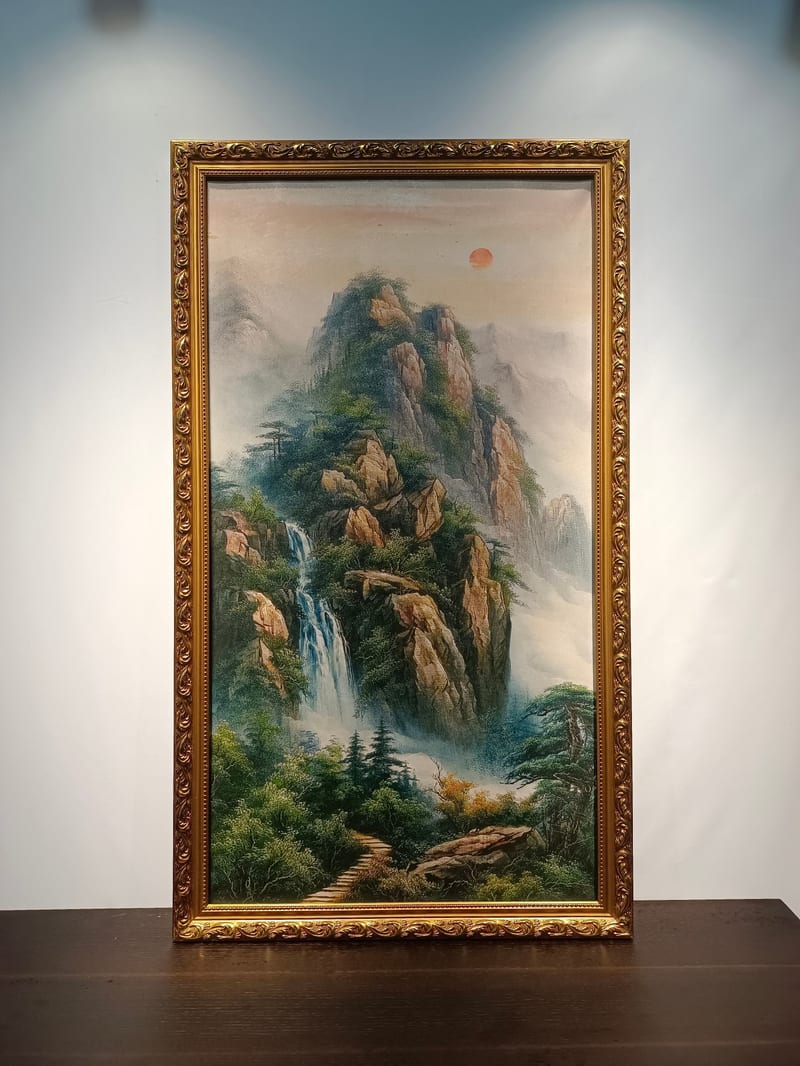 山水画玄关挂画 手绘油画 实木雕刻框