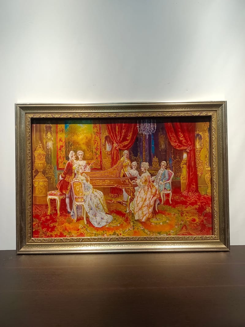 European Palace Hand-Painted Oil Painting with Carved Solid Wood Frame, Gold