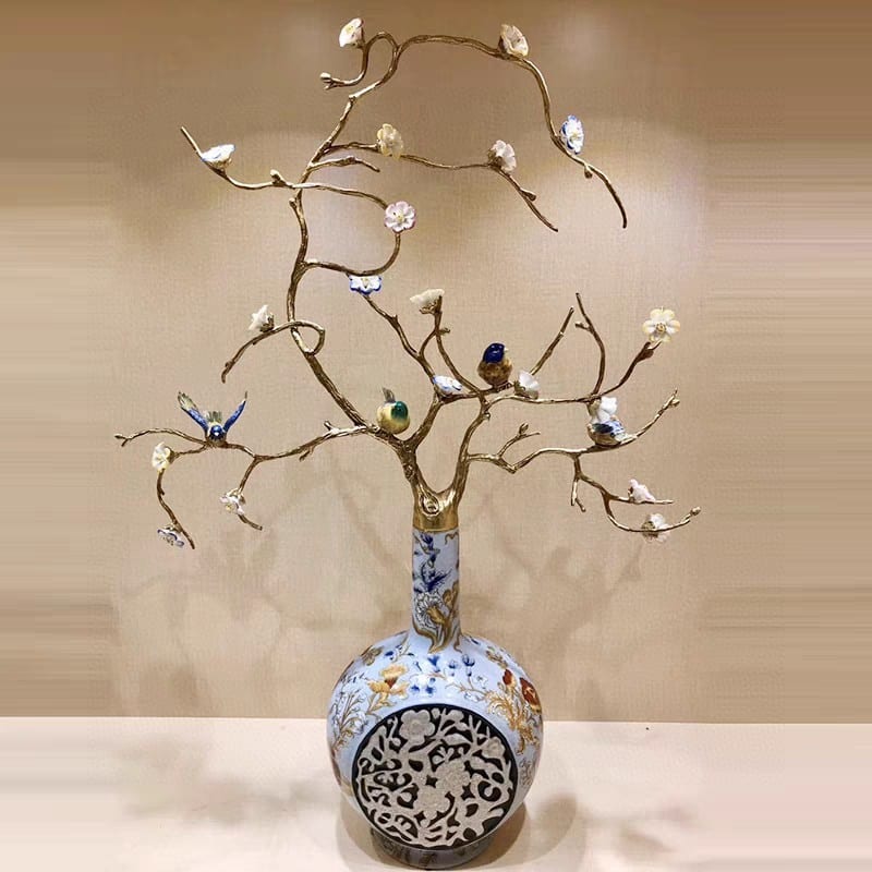 Copper-Clad Ceramic Bird & Flower Sculpture, Light Blue