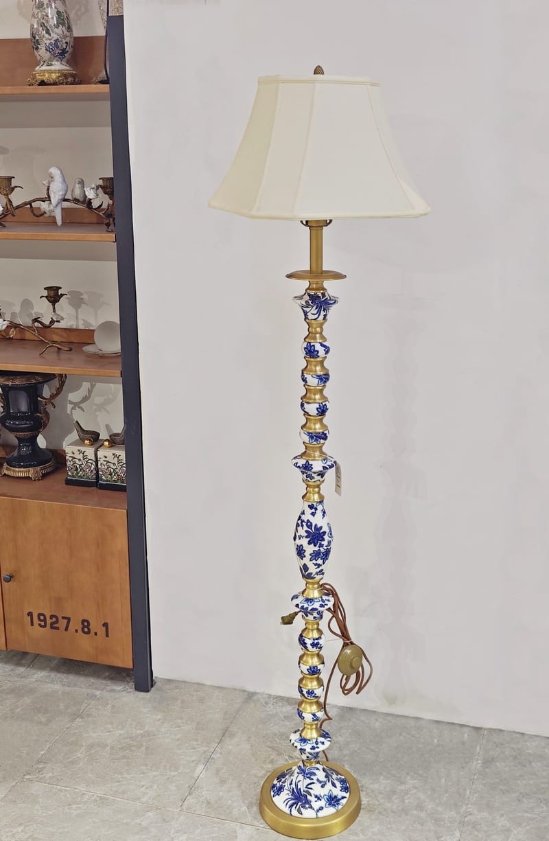 Blue-and-White Porcelain Floor Lamp with Copper Accents
