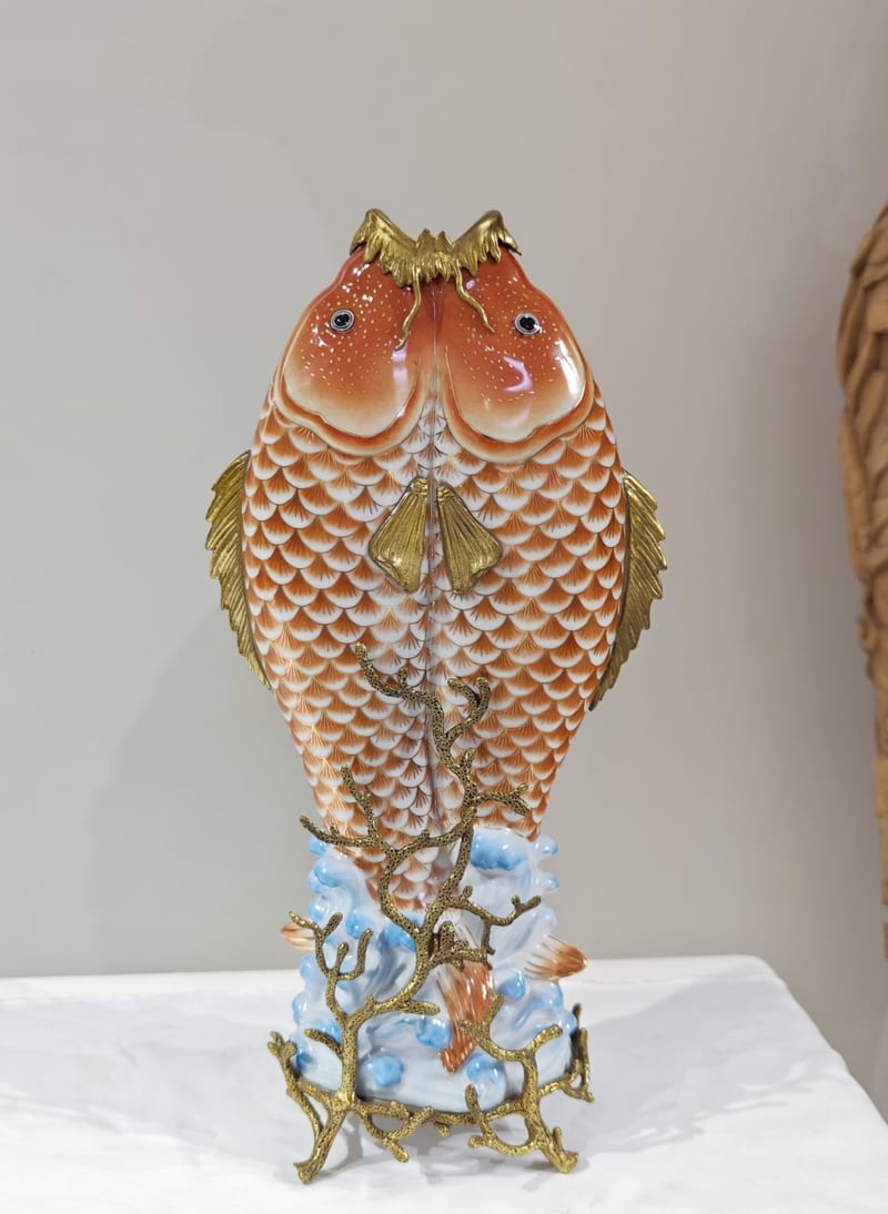 铜包瓷双鱼锦鲤花瓶花插摆件