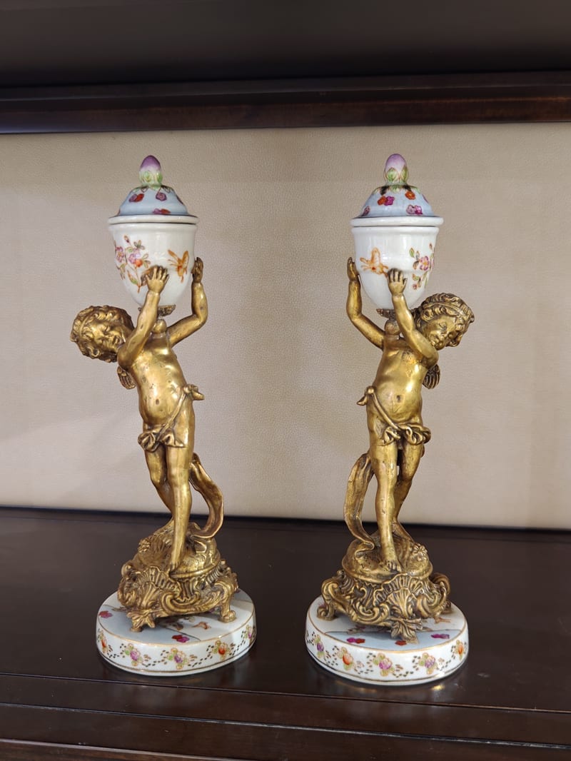 French Angel Candlestick, Copper & Ceramic