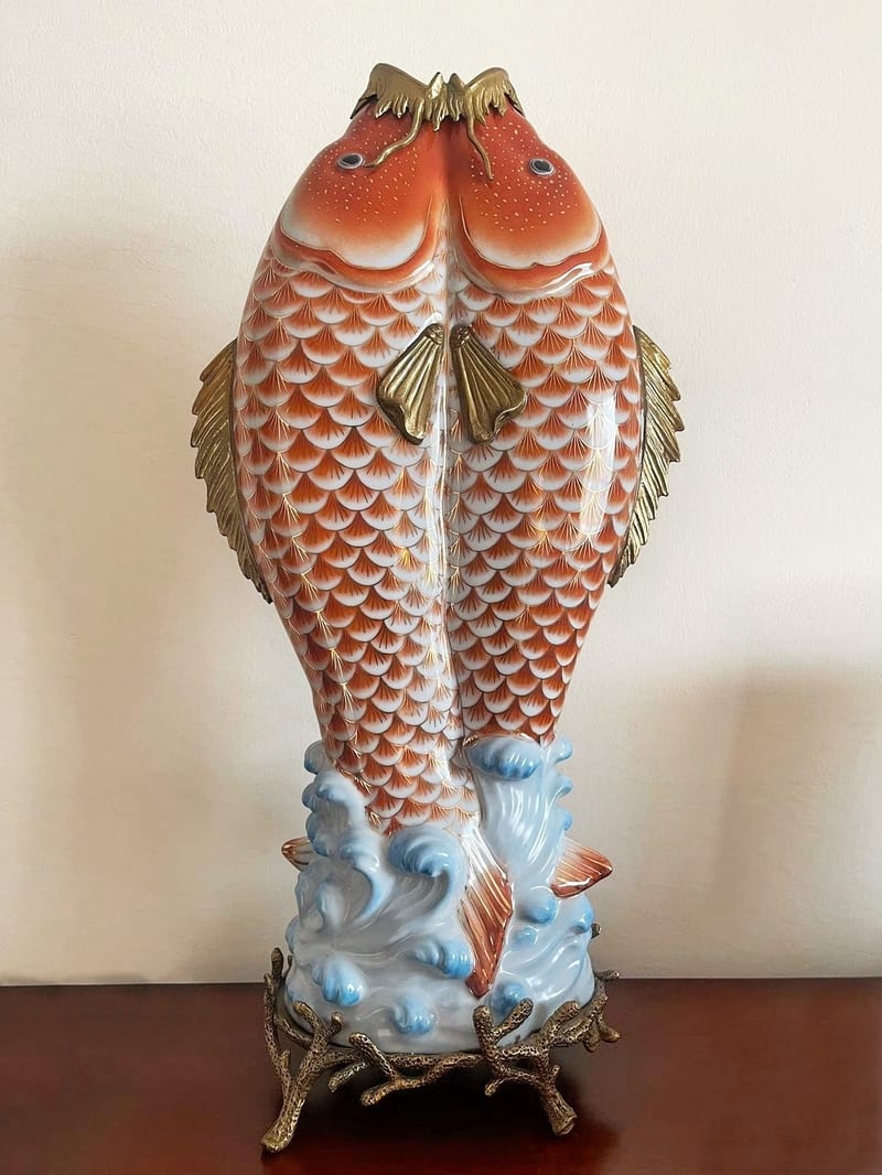 銅包瓷雙魚錦鯉花瓶花插擺件