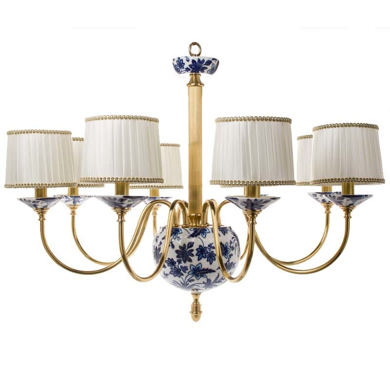 Italian Blue-and-White Ceramic Pendant Light with Bronze Frame