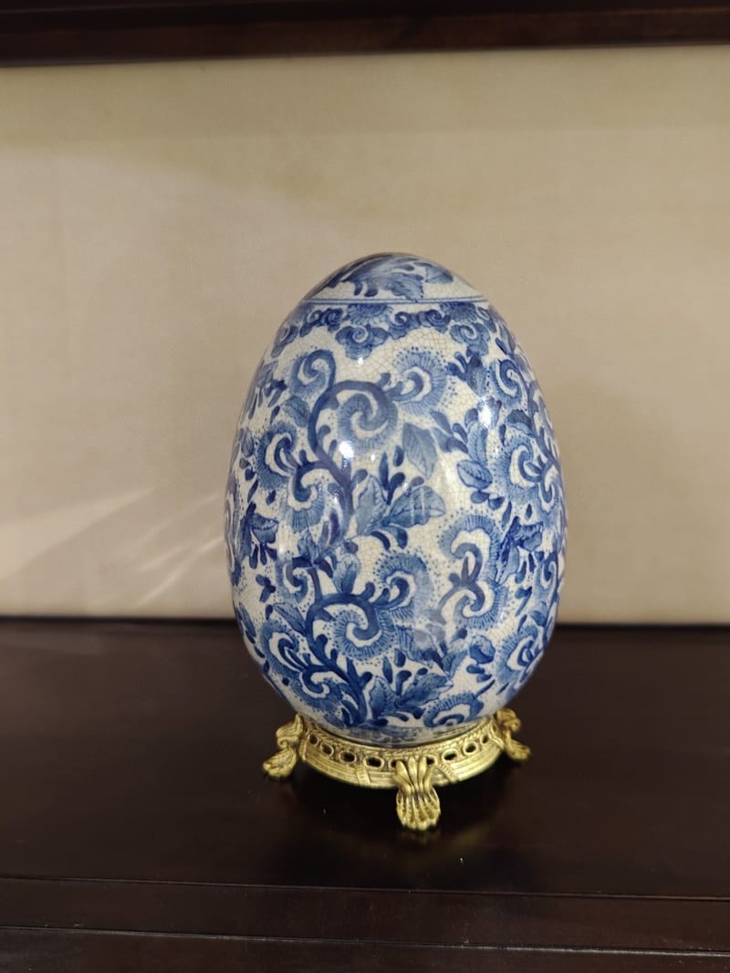 Blue and White Copper-Clad Ceramic Hand-Painted Dragon Egg Sculpture
