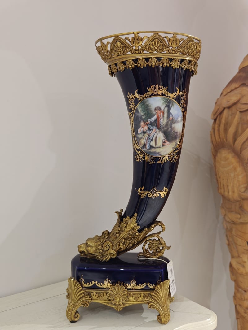 Dragon Horn Trophy Vase in Cobalt Blue Glaze Ceramic and Brass