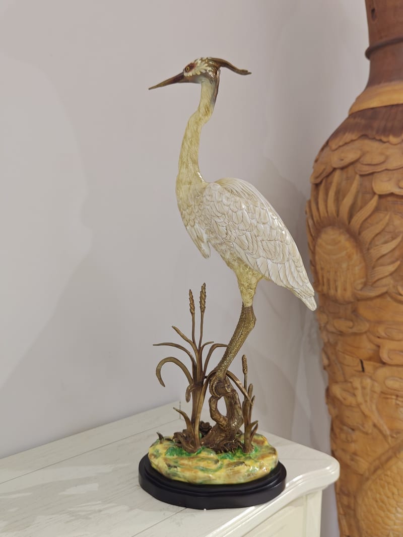 Digao Copper-Ceramic Crane & Egret Sculpture, Ivory White