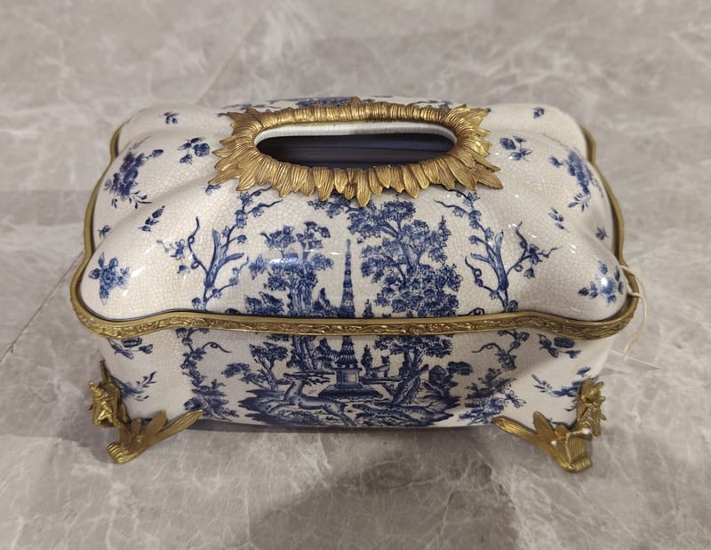 Copper-Clad Porcelain Blue-and-White Tissue Box