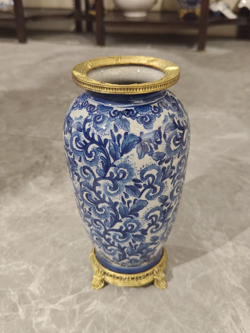 Hand-Painted Blue-and-White Vase with Copper and Ceramic