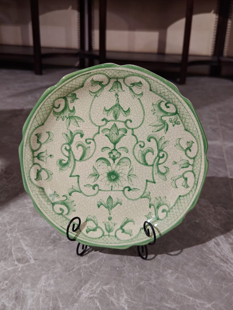 Imported Ice-Ceramic Hand-Painted Wall Plate, Green & Cream