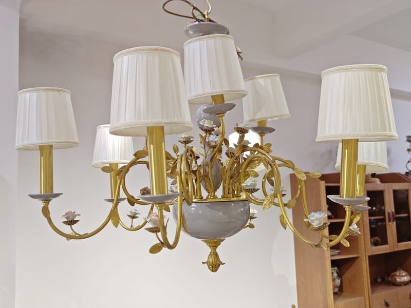 Italian Import Brass & Ceramic Nine-Light Chandelier