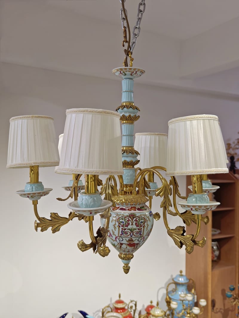 Italian Celadon Blue Ceramic & Bronze Six-Light Chandelier