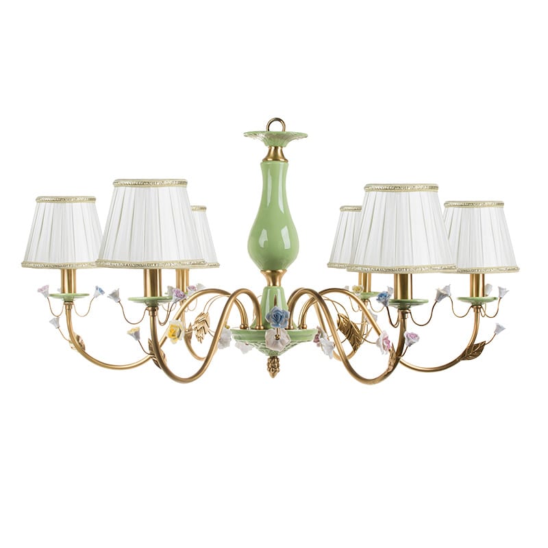 Italian Bronze & Ceramic Green Glaze Bird-and-Flower Pendant Light