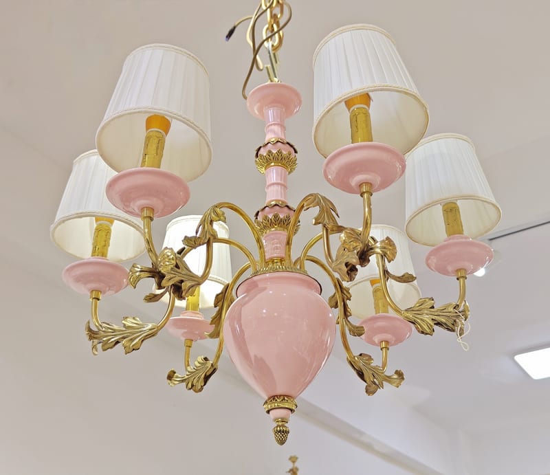 Italian Brass & Ceramic Pink Glaze Six-Light Pendant