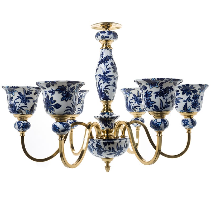 Blue-and-White Ceramic & Copper Pendant Light, Italian Import