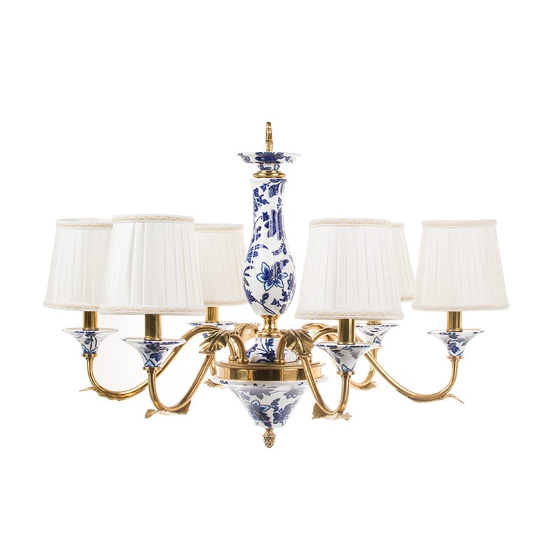 Italian Bronze & Ceramic Blue-and-White Pendant Light