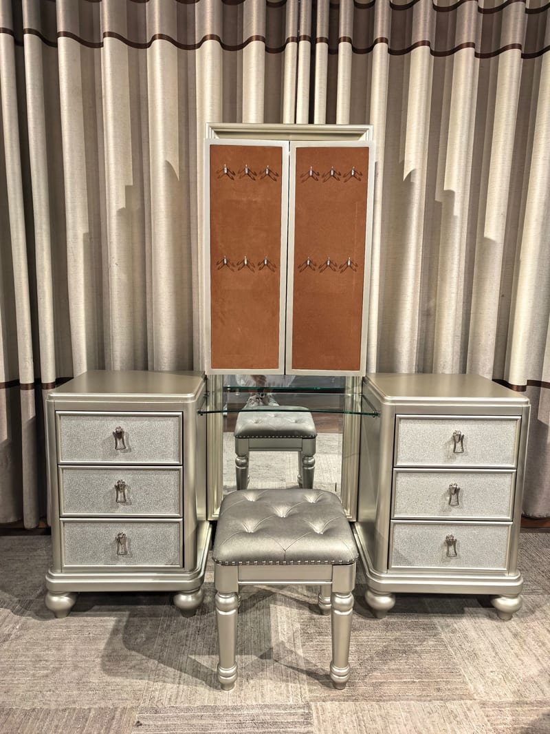 Vanity Stool and Floor Mirror Set, Birch Veneer with Microfiber Upholstery
