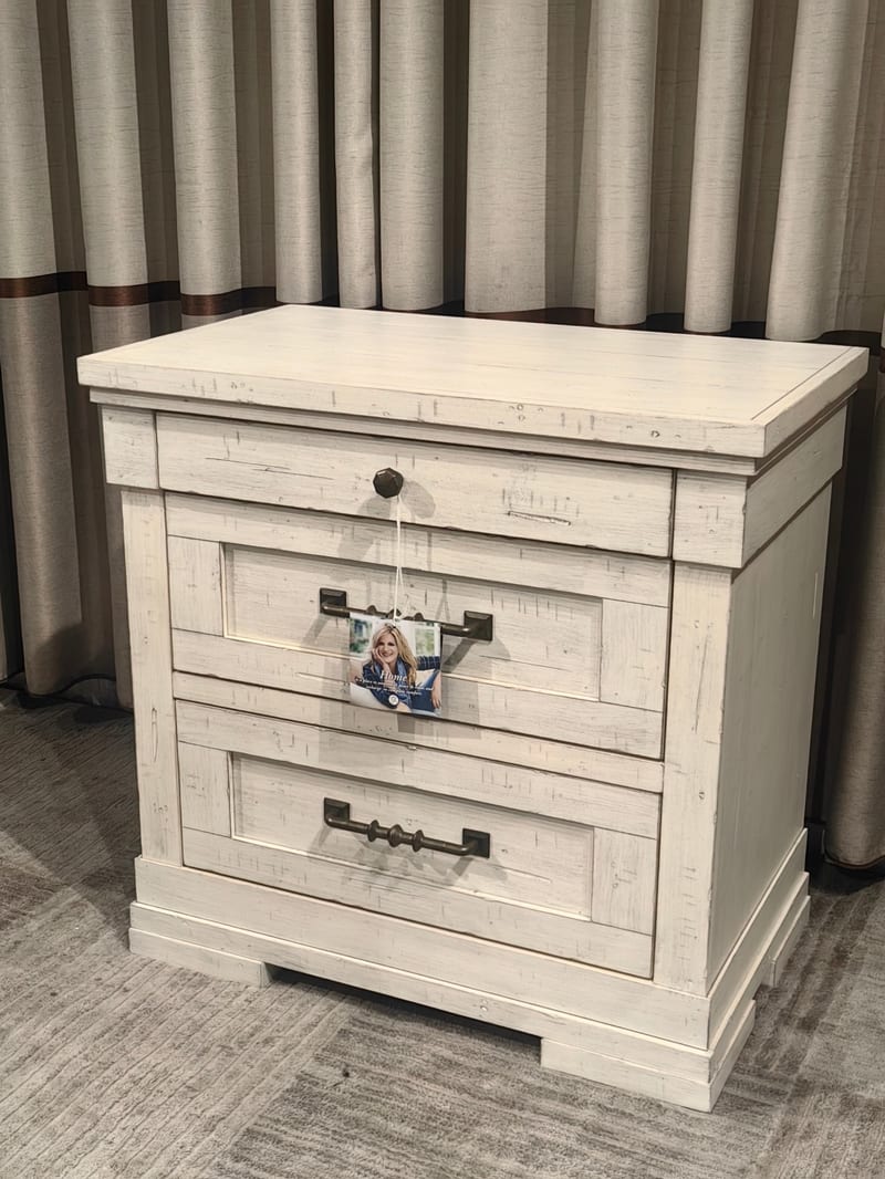 926-670 Oak Three-Drawer Nightstand, Distressed White