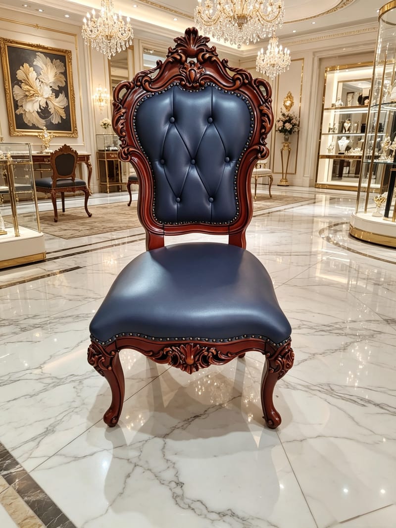 Mingrenju French Solid Beech & Leather Dining Chair, Deep Blue