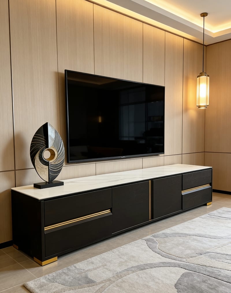 CK 210 TV Stand, Smoked White Oak & Sintered Stone