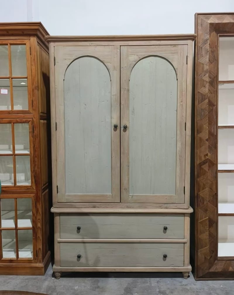 French Double-Door Pine Wardrobe, Distressed Finish