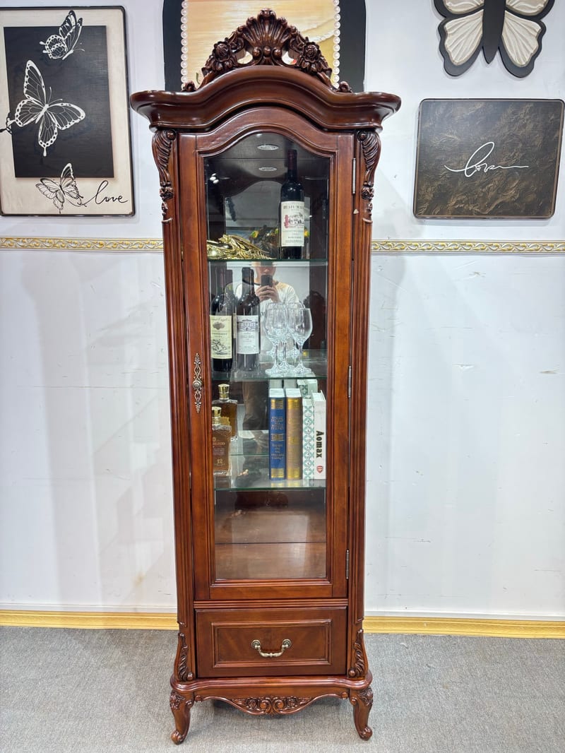 Mahogany Solid Wood Single-Door Wine Cabinet, Dark Brown