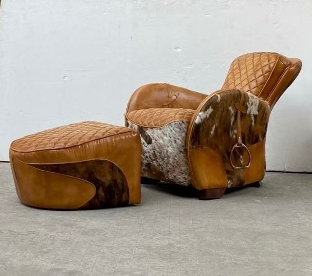 American Western Saddle Leather Cigar Recliner with Ottoman