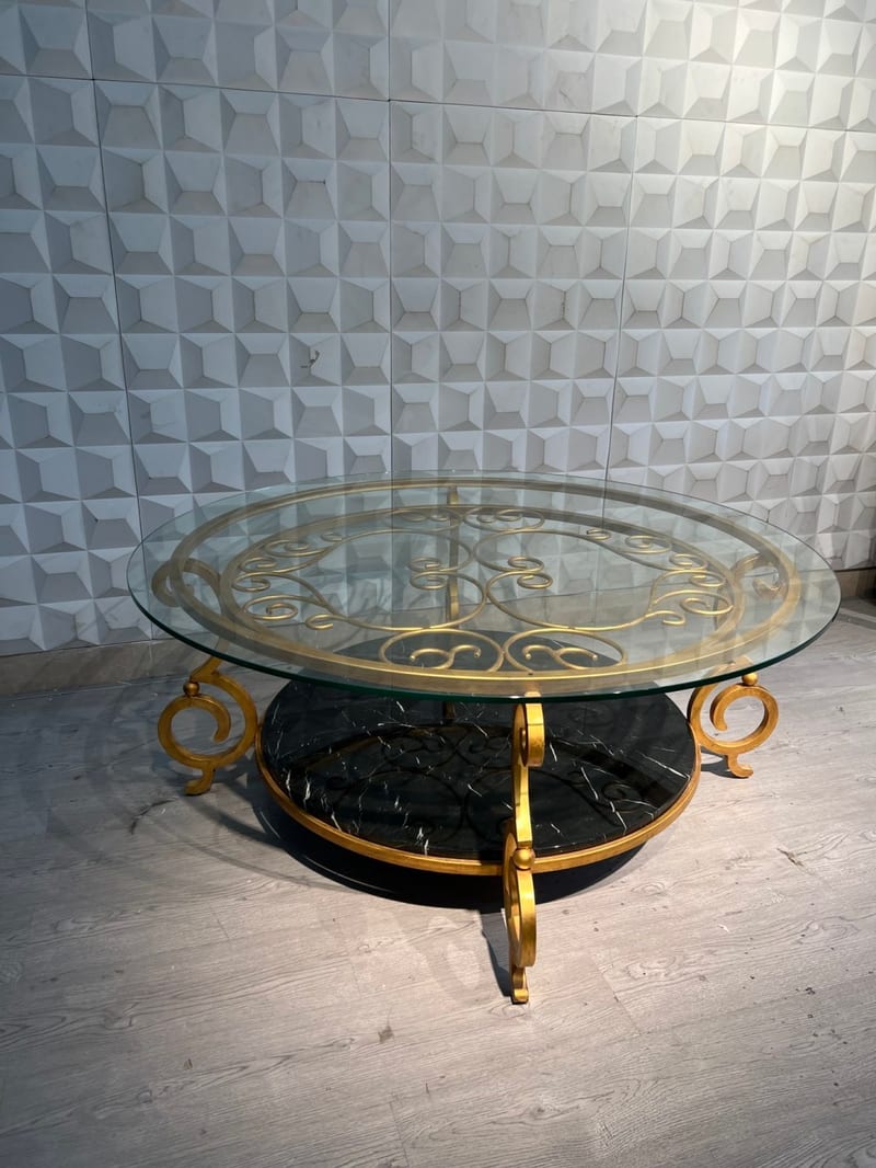 MEXTRA MCLA01 Round Glass Coffee Table with Gold Metal Frame
