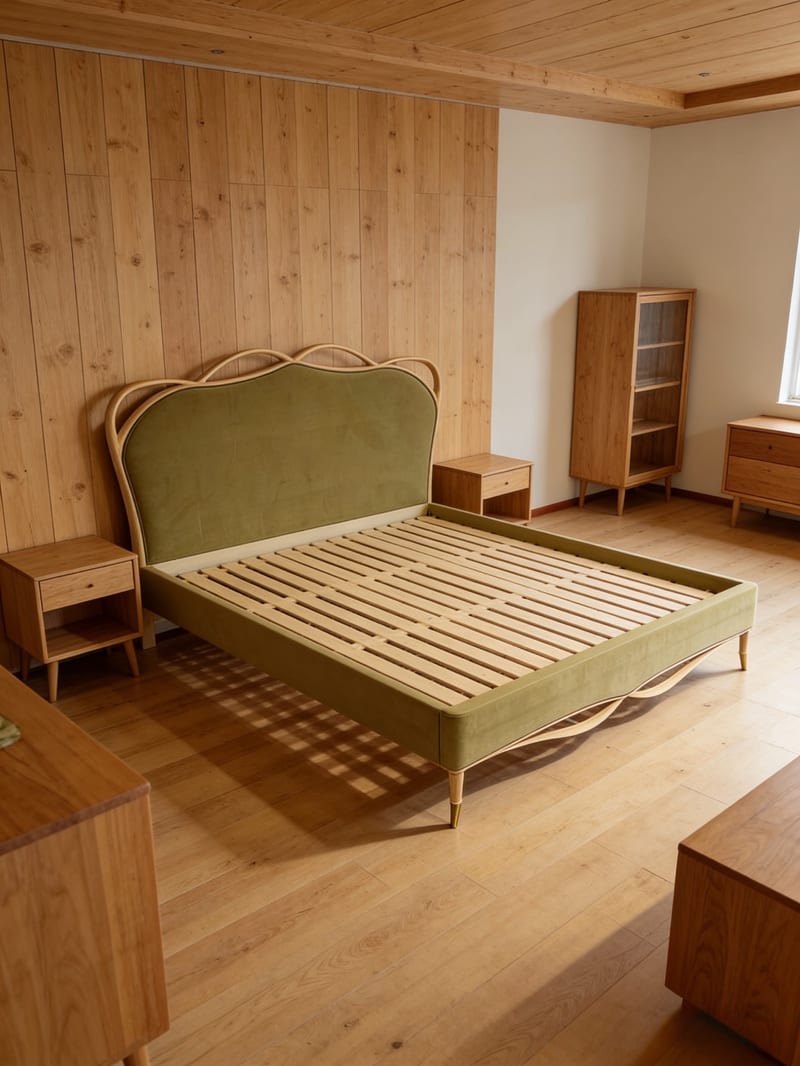 Youfan Art Ribbon Bed — Mid-Century Rubberwood Upholstered Bed
