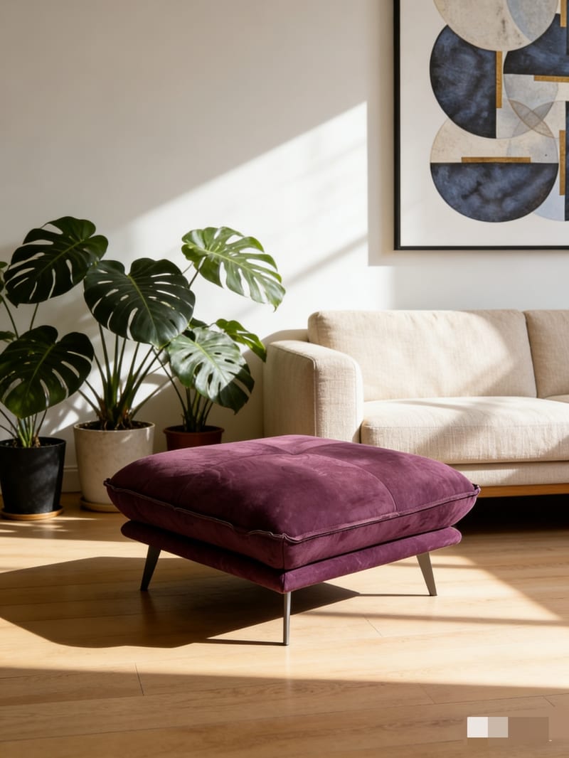 MENOIR Leather Ottoman with Solid Wood and Stainless Steel Base