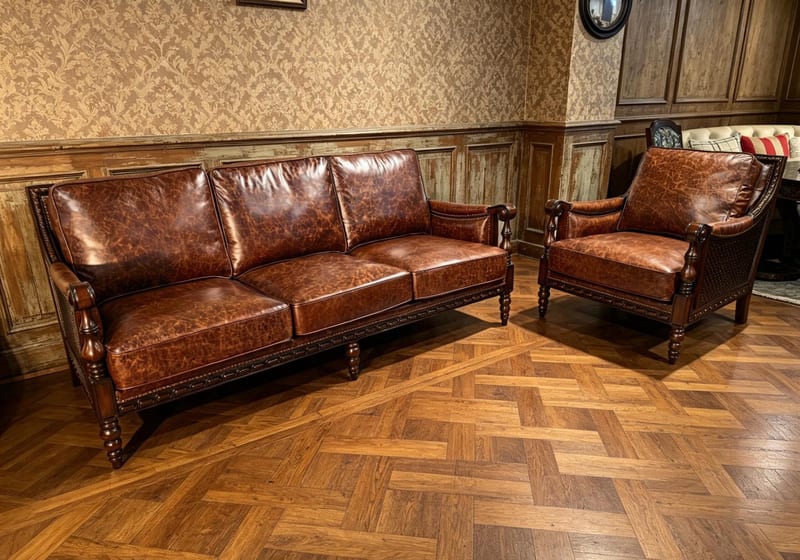 Simplified American Walnut & Leather Sofa Set