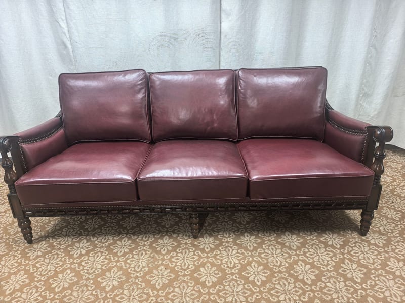American-Style Walnut & Leather 3-Seat Sofa