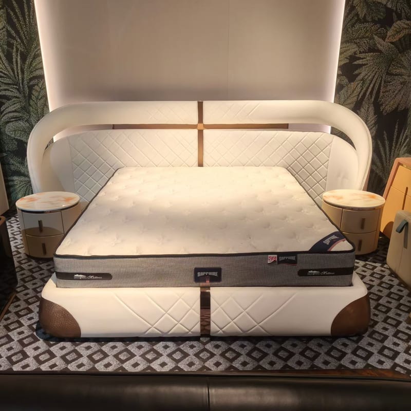 Ivory White Leather King Bed with Stone Nightstands