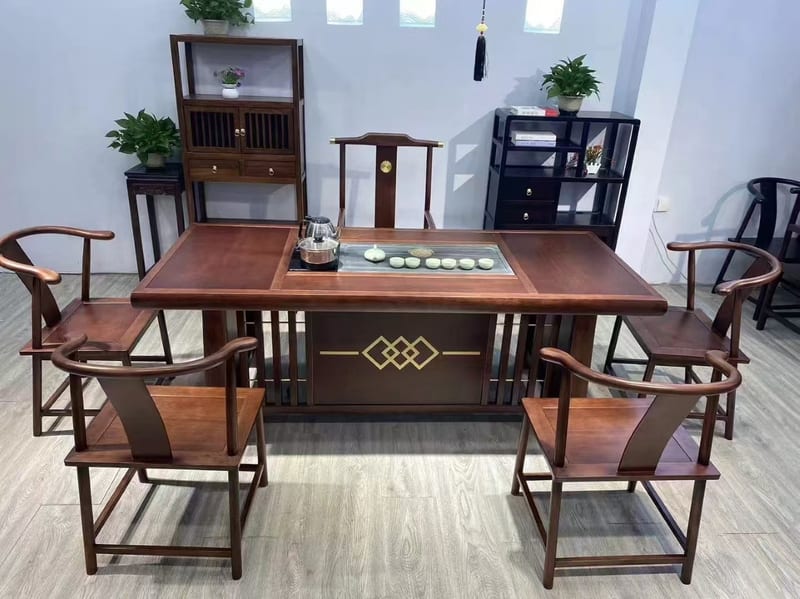 Qihang Oak Solid Wood Tea Table Set with Five Chairs